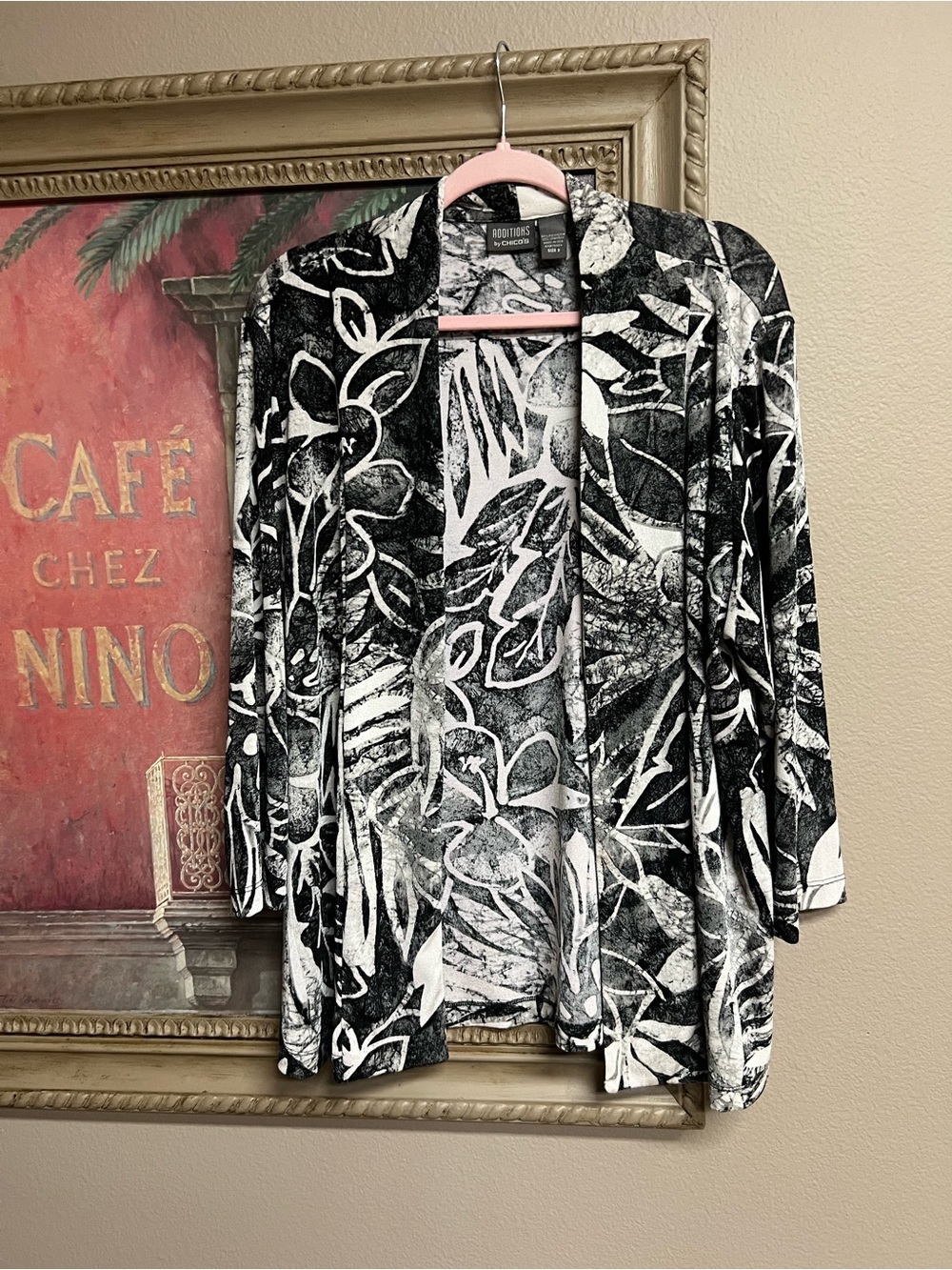 Chico's Additions Black and White Botanical Open-Front Cardigan